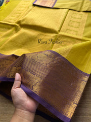 Yellow with Purple shade Premium Kanchi Cotton saree With Vaira Oosi pattern and intricate Rich Zari woven Pallu