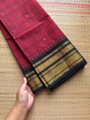 RF624 Kanchi Kattam ~ Reddish maroon shade with black combination Kanchi cotton saree with handmade thread buttas