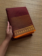RF492 Maroon shade fully Vaira Oosi pattern Kanchi cotton saree with contrast small orange mango pattern border