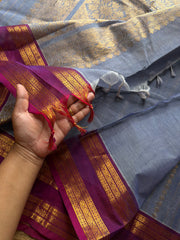 RF1353 Rich Pallu Kanchi cotton saree ~ Dual tone greyish ice blue