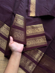 RF1042 Deep Coffee Brown Kanchi Cotton Saree with Rettapet border