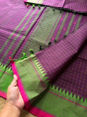 RF386 Deep purple shade soft Kanchi cotton saree with Kattam / checks pattern & handmade thread buttas