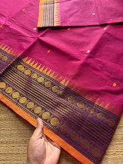 RF378 Magenta pink shade Kanchi cotton saree with unique border and handmade thread buttas