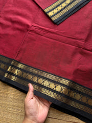RF441 Reddish maroon shade with black combination small border Kanchi cotton saree