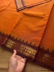 RF560 Orange with maroon Podi Kattam / small checks vintage Kanchi cotton saree