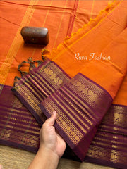 RF77 Dark orange Shade with contrast purple Varisaipet border Kanchi cotton saree