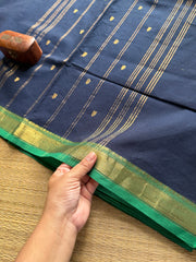 Navy blue with green combination small border Kanchi cotton saree with handmade golden Zari Buttas