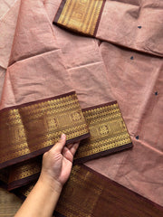 Beige with brown combination Kanchi cotton saree with handmade thread buttas