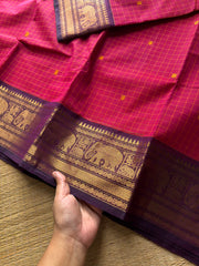 RF736 Kattam edition ~ Magenta pink shade Kanchi cotton saree with checks pattern & handmade thread buttas