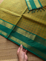 Methi Green shade checks / kattam pattern Kanchi Cotton Saree