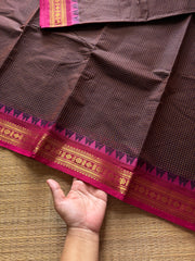 RF437 Brown shade Podikattam Kanchi cotton saree with contrast pink small zari border