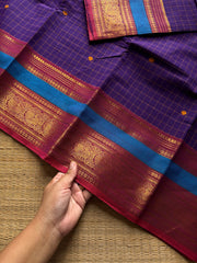 RF1239 Purple & blue mixed shade ~ vintage Kattam Kanchi cotton saree with handmade thread buttas