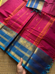 RF417 Magenta pink with sky blue combination Kanchi cotton saree with handmade Buttas