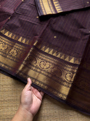 RF1243 Deep coffee brown ~ Kanchi Cotton saree with Vairaoosi pattern & handmade golden Zari Buttas
