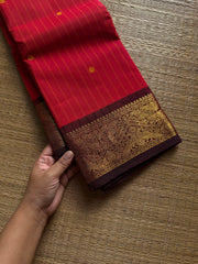 RF1412 Chilli red with brown ~ Vanasingaram border Kanchi cotton saree with handmade thread buttas