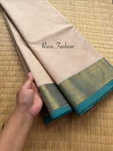 RF138 Cream with light sky blue shade / pastel shade Kanchi cotton saree