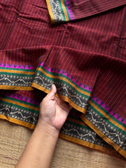 RF1308 Maroon ~ Narayanpet Mercerised soft cotton saree with stripped pattern