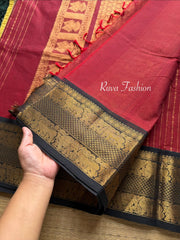RF80 Reddish Maroon with Contrast Black Yazhi Pattern Border Premium Kanchi Cotton Saree With Vairaoosi Pattern & Rich Zari woven Pallu