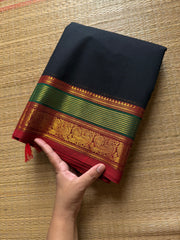 RF519 Black with red and green combination Kanchi cotton saree with unique border