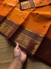 RF855 Orange with brown combination Kanchi cotton saree with handmade thread buttas