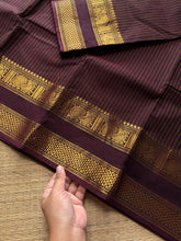 RF389 Coffee brown shade Kanchi cotton saree with Korvai Vaira Oosi thread vertical lines pattern with vintage Rettapet Zari border