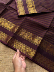 RF389 Coffee brown shade Kanchi cotton saree with Korvai Vaira Oosi thread vertical lines pattern with vintage Rettapet Zari border