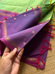 RF558 Dual tone Apple green shade with lavender combination Vintage Border Kanchi Cotton Saree With kattam / checks pattern & handwoven Buttas on the border