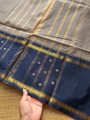 Grey with navy blue combination Vintage Border Kanchi Cotton Saree With kattam / checks pattern & handwoven Buttas on the border