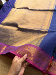 Royal blue shade with contrast small maroon zari small border Kanchi cotton saree with rich Zari woven Pallu