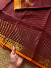 RF492 Maroon shade fully Vaira Oosi pattern Kanchi cotton saree with contrast small orange mango pattern border