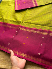RF527 Green with magenta pink combination Vintage l Border Kanchi Cotton Saree With kattam / checks pattern & handwoven Buttas on the border
