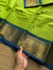 RF1012 Green ~ Vanasingaram border Kanchi cotton saree with handmade thread buttas and vertical stripped lines