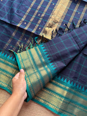 RF215 Deep navy Blue with contrast teal blue combination checks / Kattam Kanchi cotton saree with handmade golden Zari Buttas