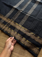 RF1251 Vintage Kattam ~  Jet Black shade Premium Kanchi Cotton Saree with Minimal Zari & checks pattern