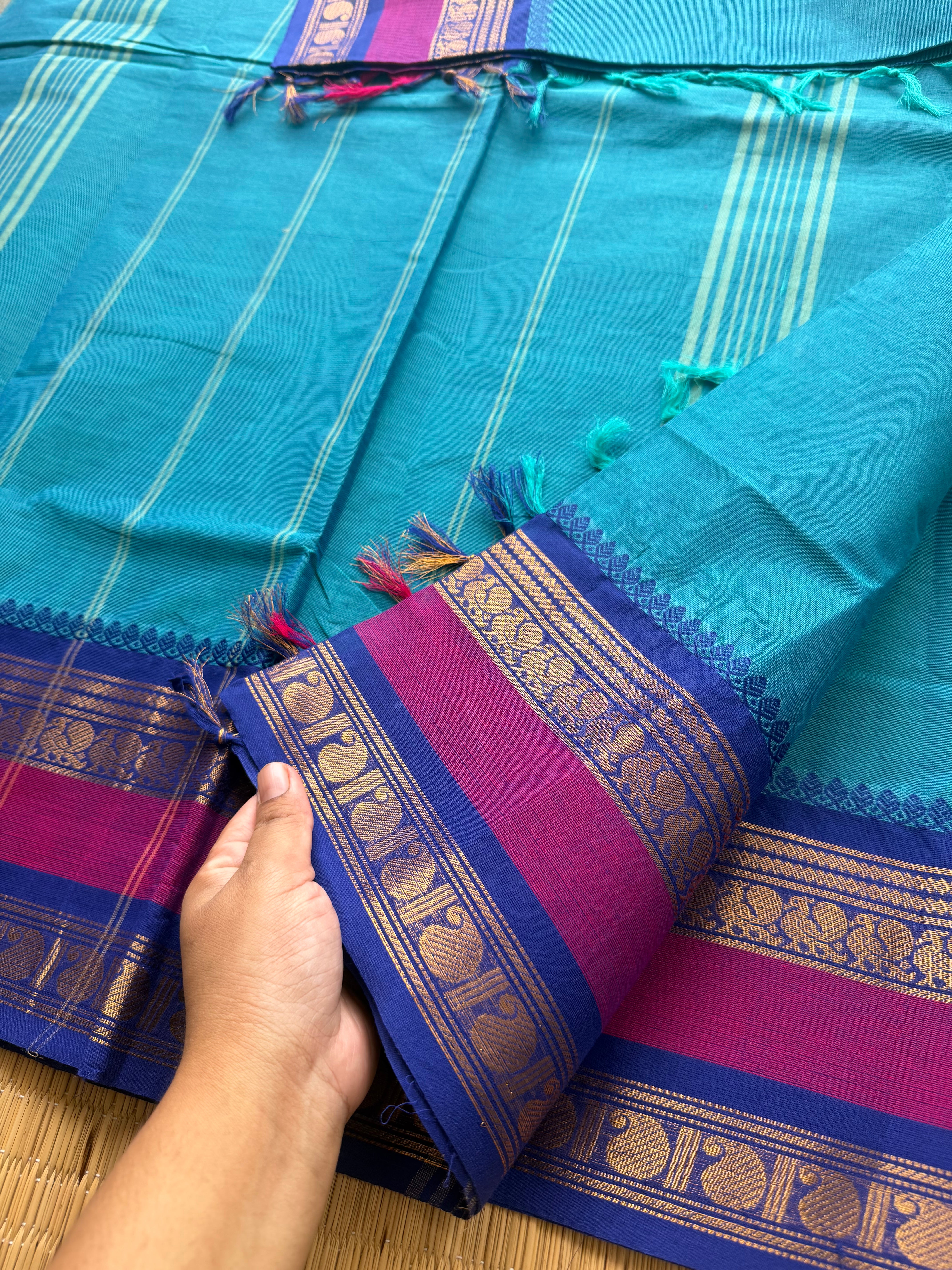 RF147 Peacock blue shade with royal blue and magenta pink combination kanchi cotton saree with Rettapet border