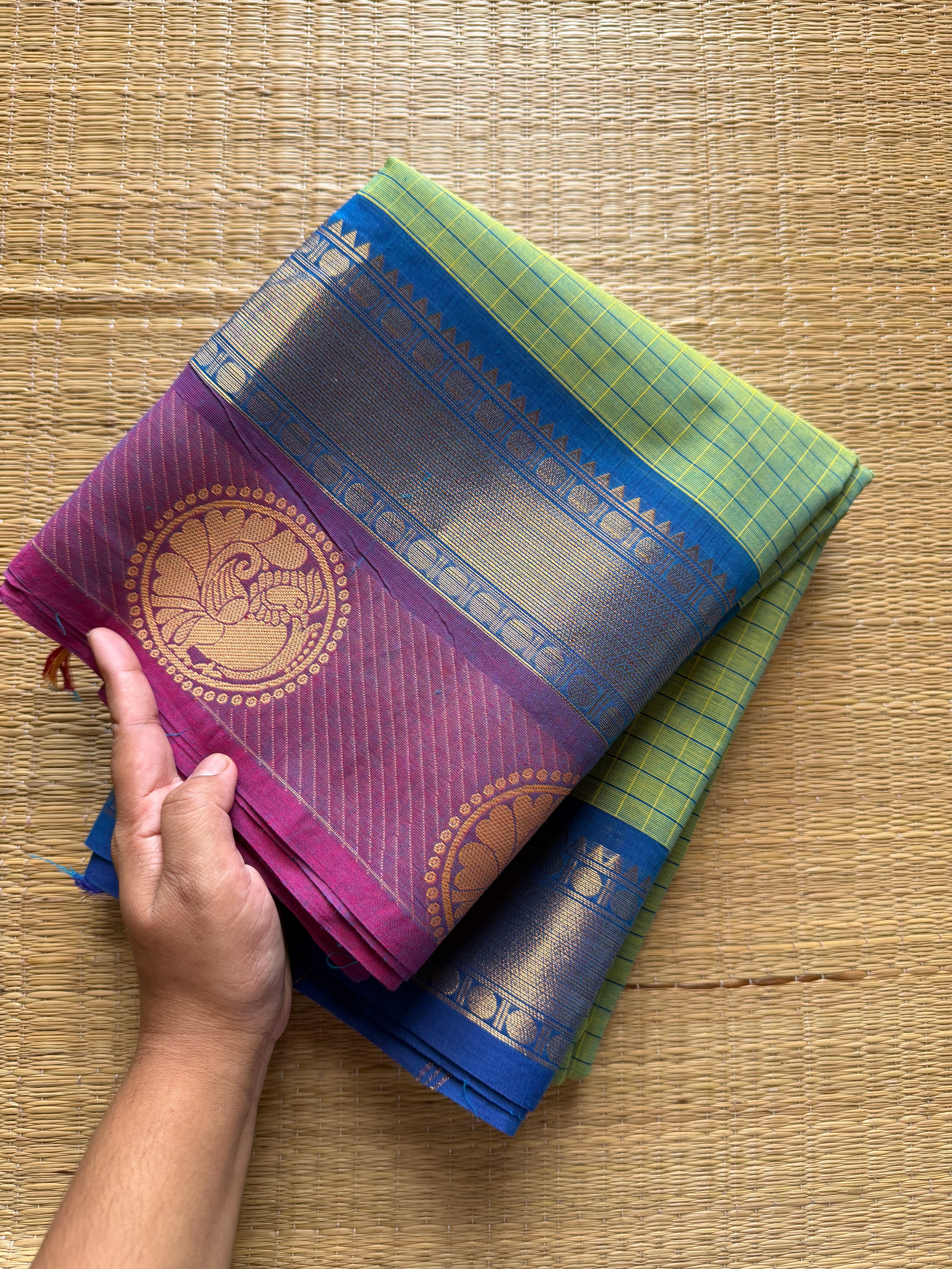 RF329 Dual tone turquoise green shade Kattam / checks pattern Kanchi cotton saree with contrast zari & thread woven border