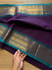 RF709 Purple with teal blue shade ~  Medium Size Border Kanchi Cotton Saree