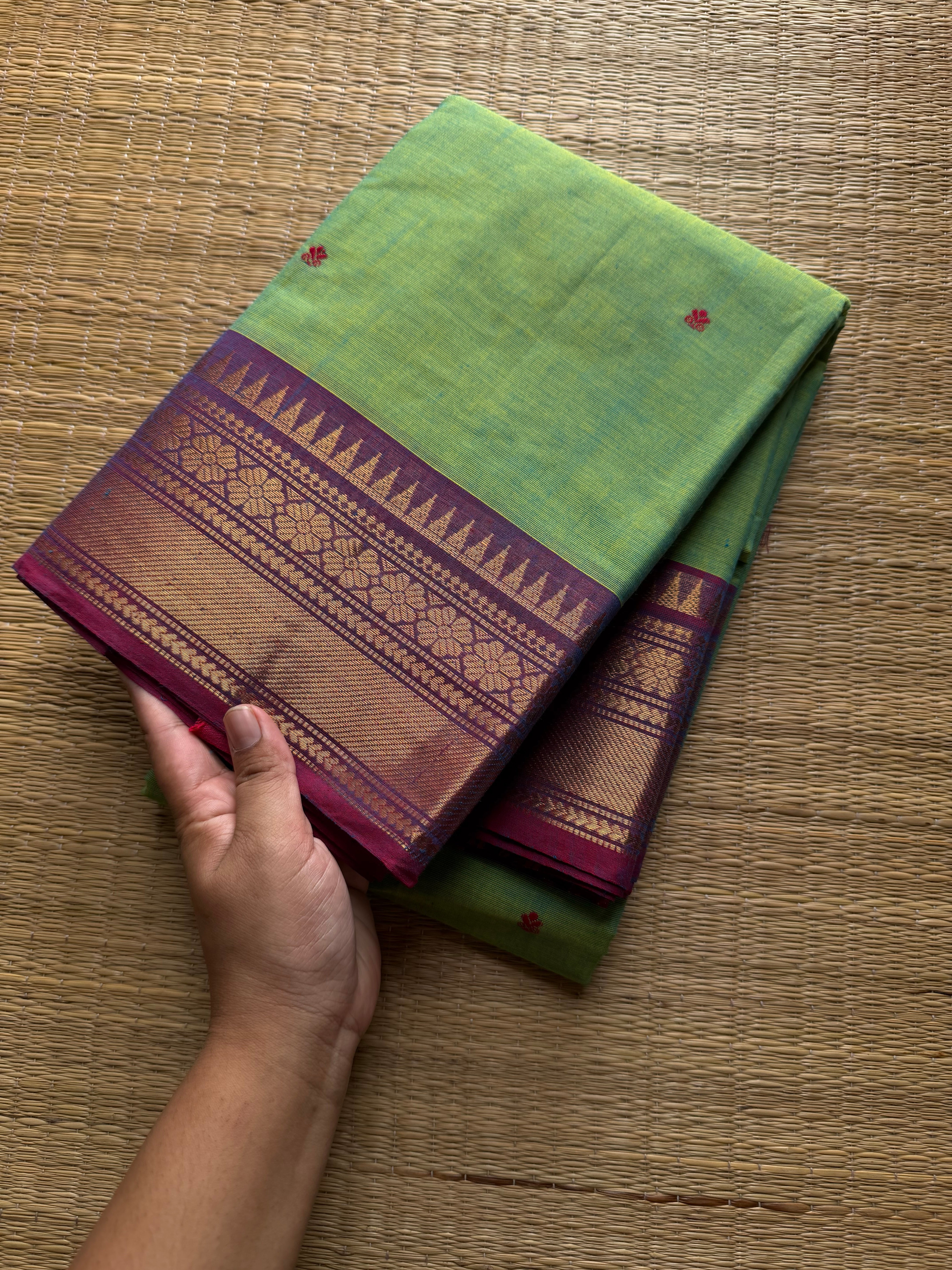 RF544 Dual tone Apple green shade with light purple combination Kanchi cotton saree with handmade thread buttas