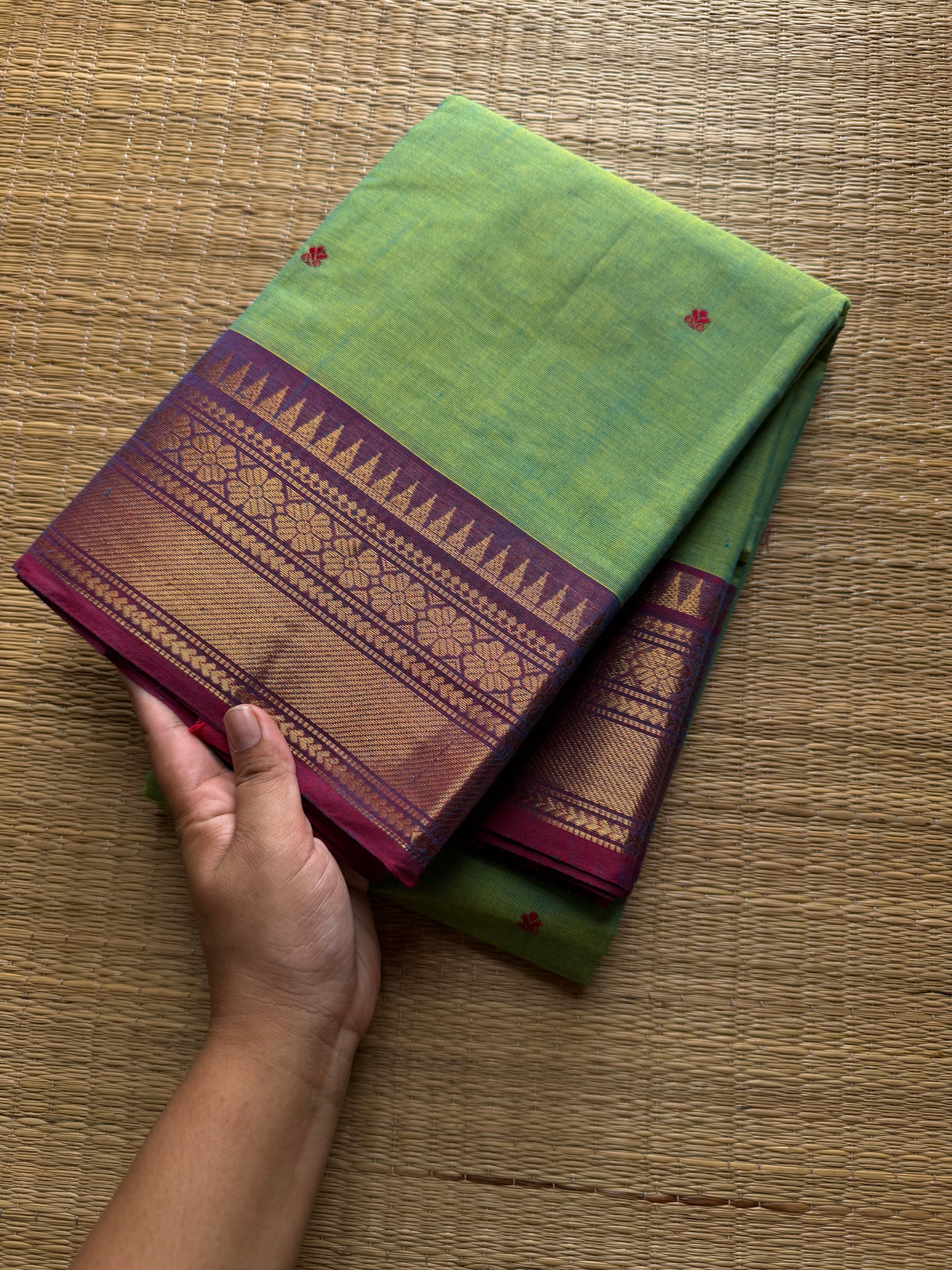 RF544 Dual tone Apple green shade with light purple combination Kanchi cotton saree with handmade thread buttas