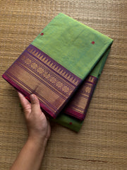 RF544 Dual tone Apple green shade with light purple combination Kanchi cotton saree with handmade thread buttas