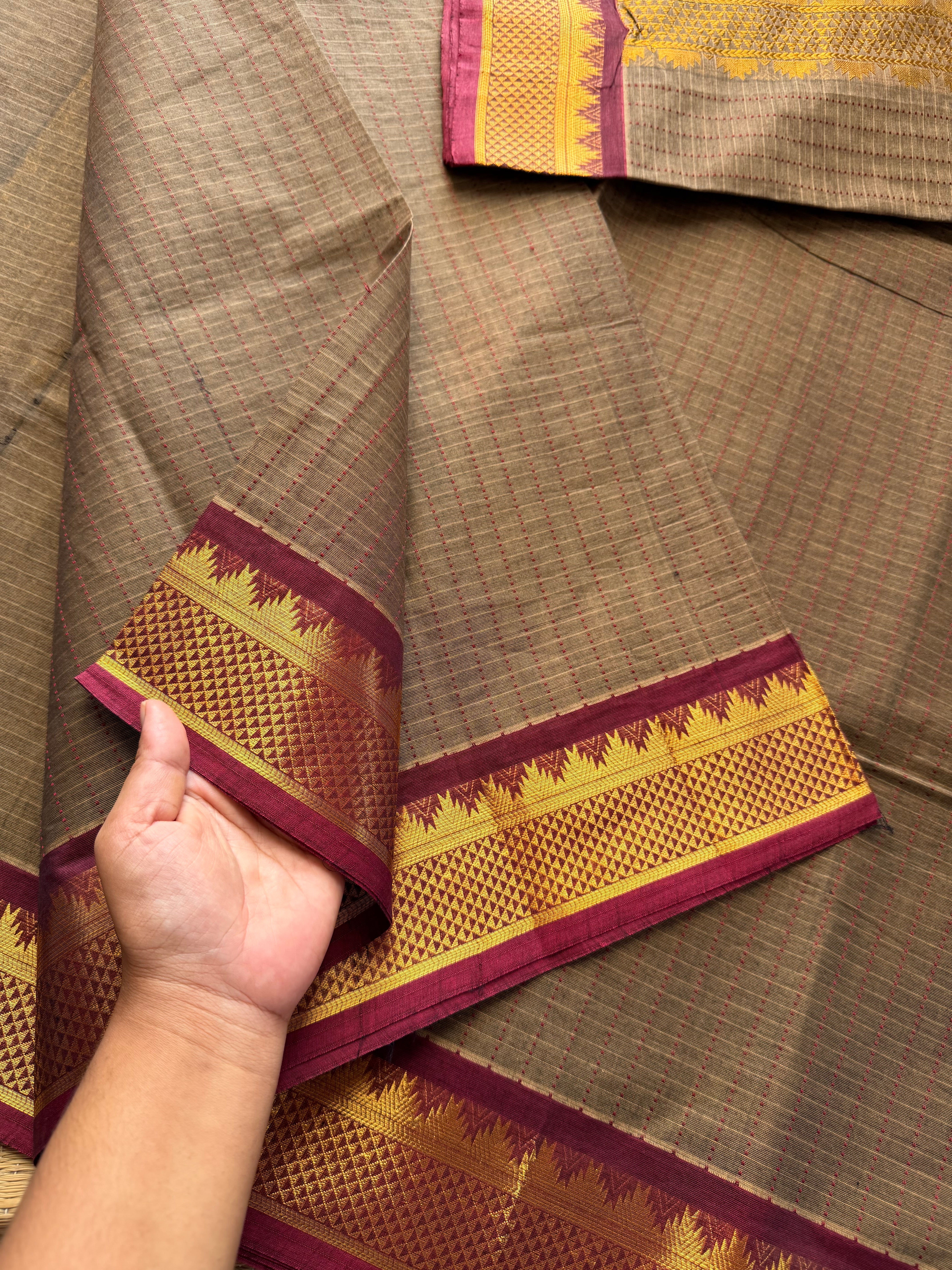 RF349 Grey with contrast small maroon zari small Thazhampoo border Kanchi cotton saree with rich Zari woven Pallu