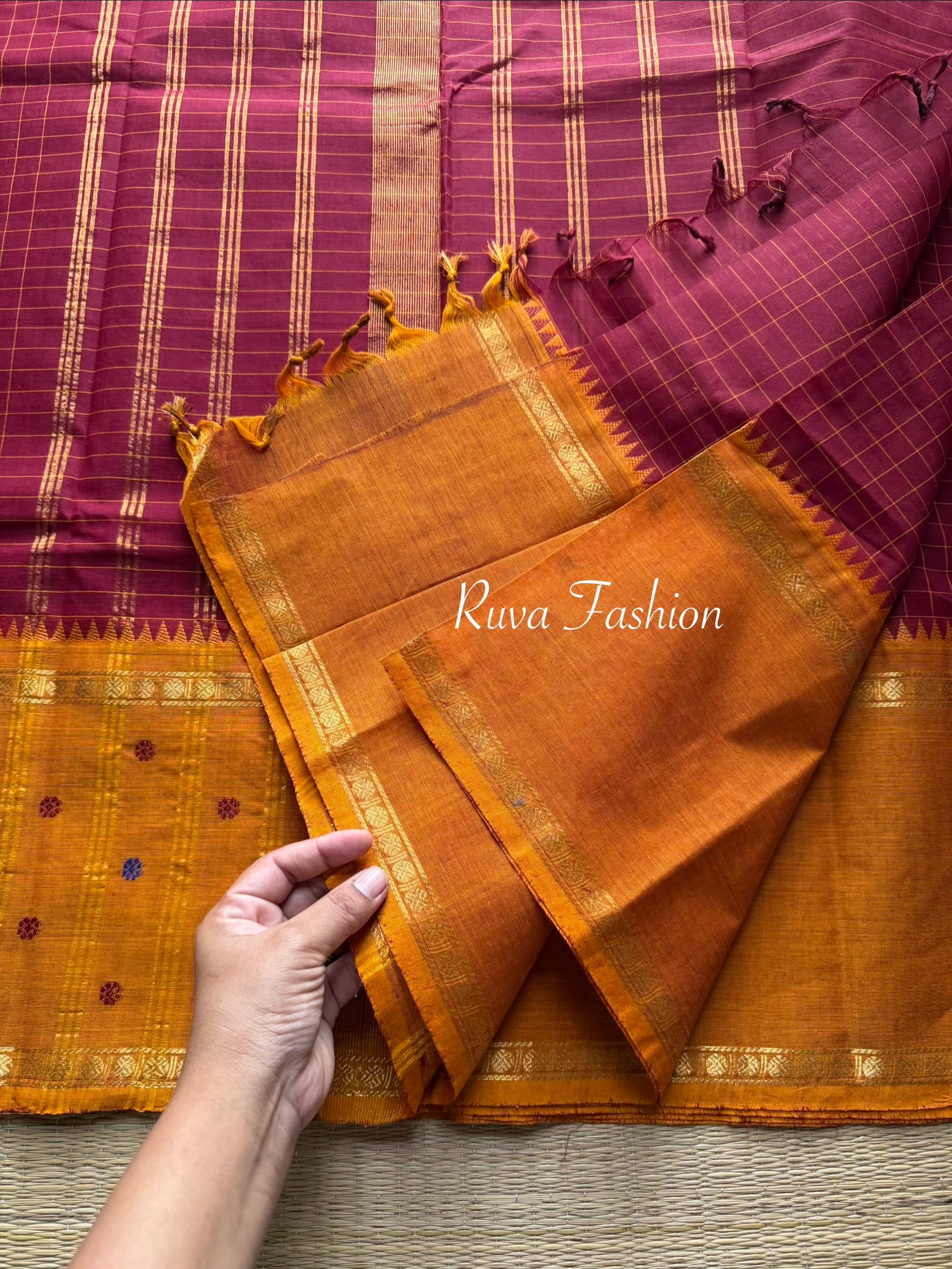 RF29 Maroon with orange Vintage Style Border with checks pattern & handwoven Buttas on the border - RF29