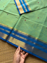 RF650 Dual tone Apple green with blue combination Kanchi cotton saree with handmade thread buttas