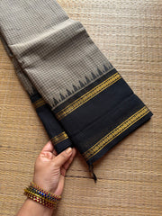 RF589 Premium Vintage Podi Kattam Kanchi Cotton saree ~ Grey with black