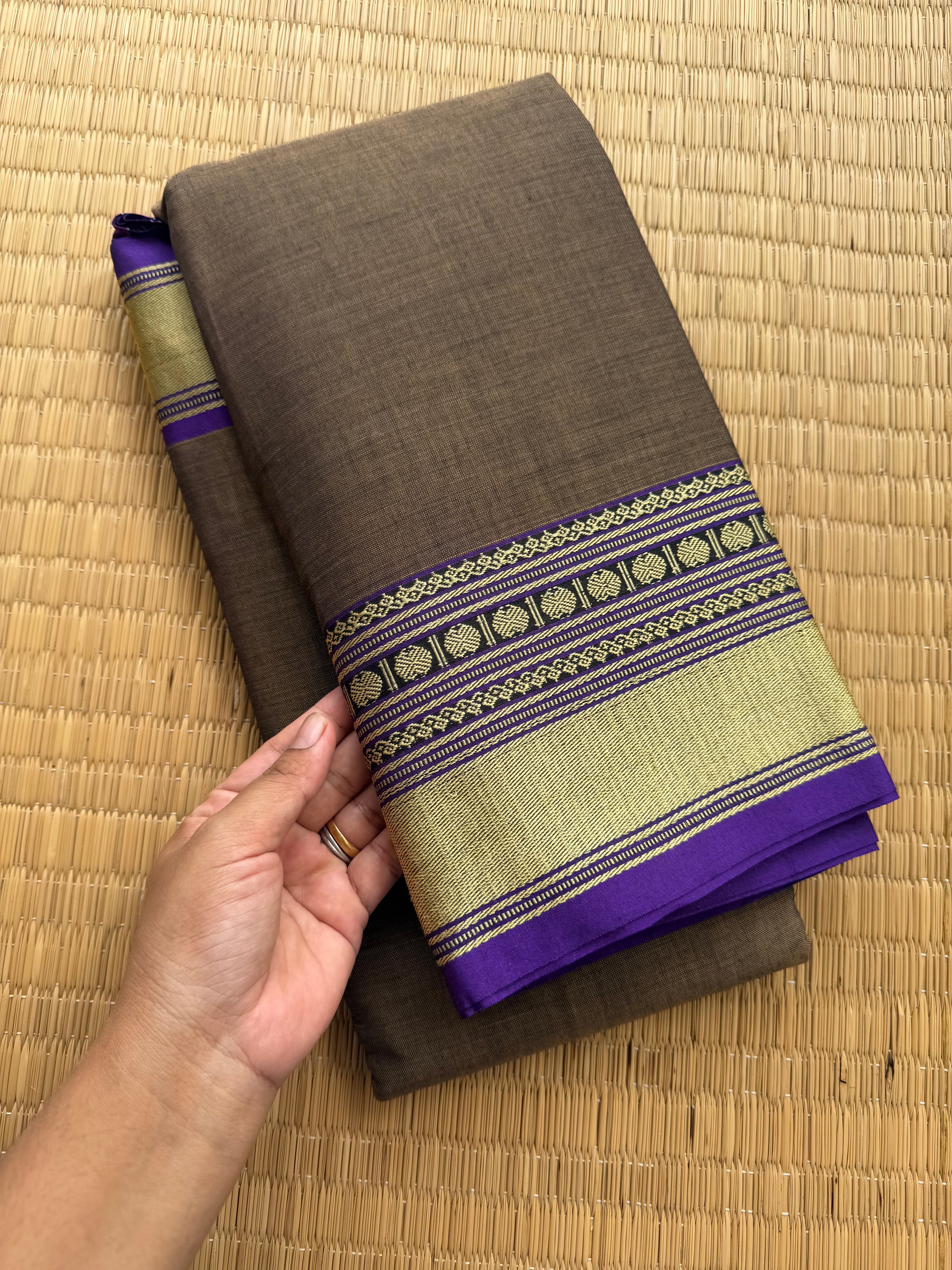 RF151 Grey shade Narayanpet Mercerised cotton saree with purple shade handwoven thread border