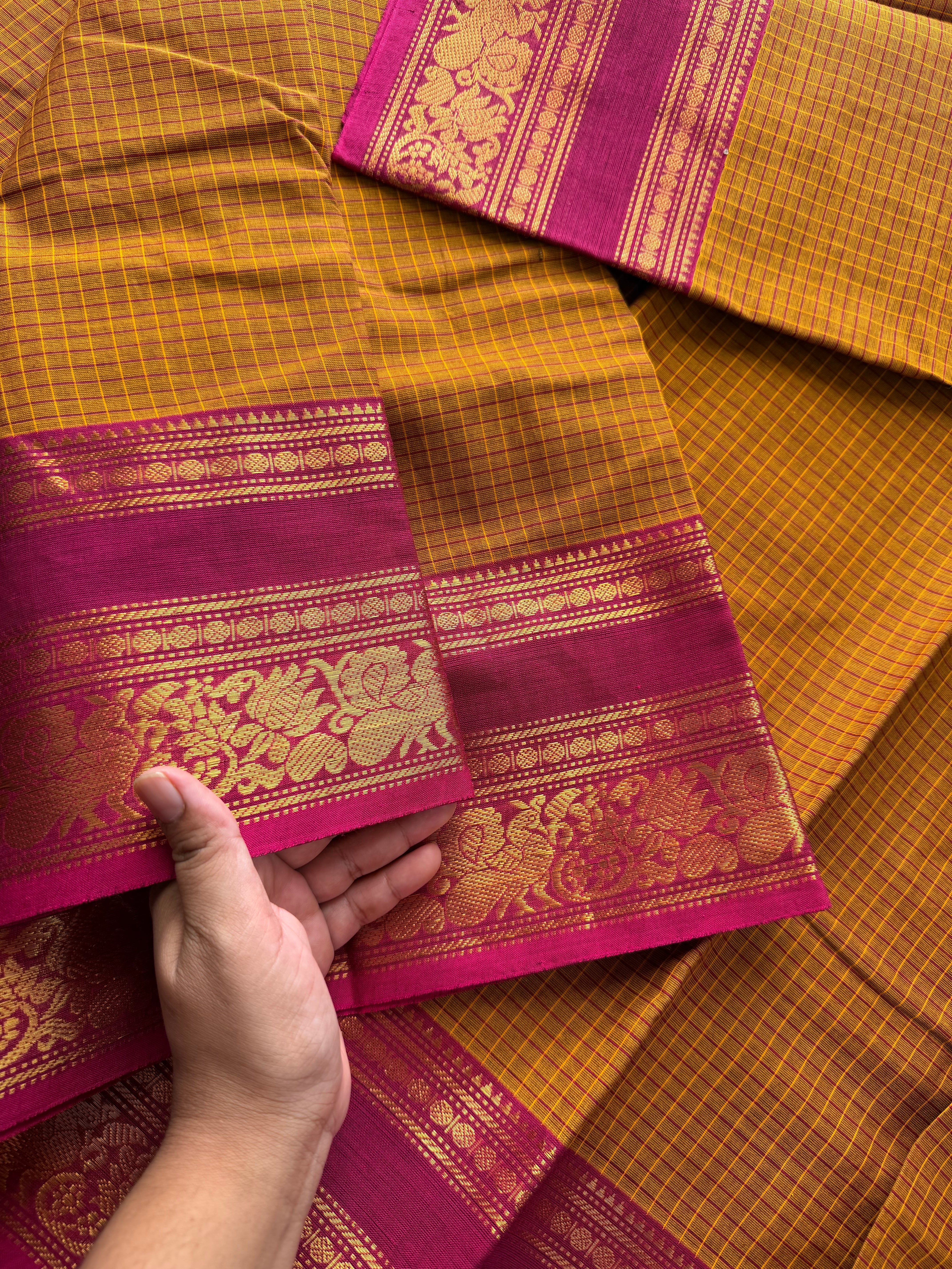 RF356 Mustard shade with pink combination Kanchi cotton saree with Kattam / checks pattern and unique lotus and Annam pattern Zari border