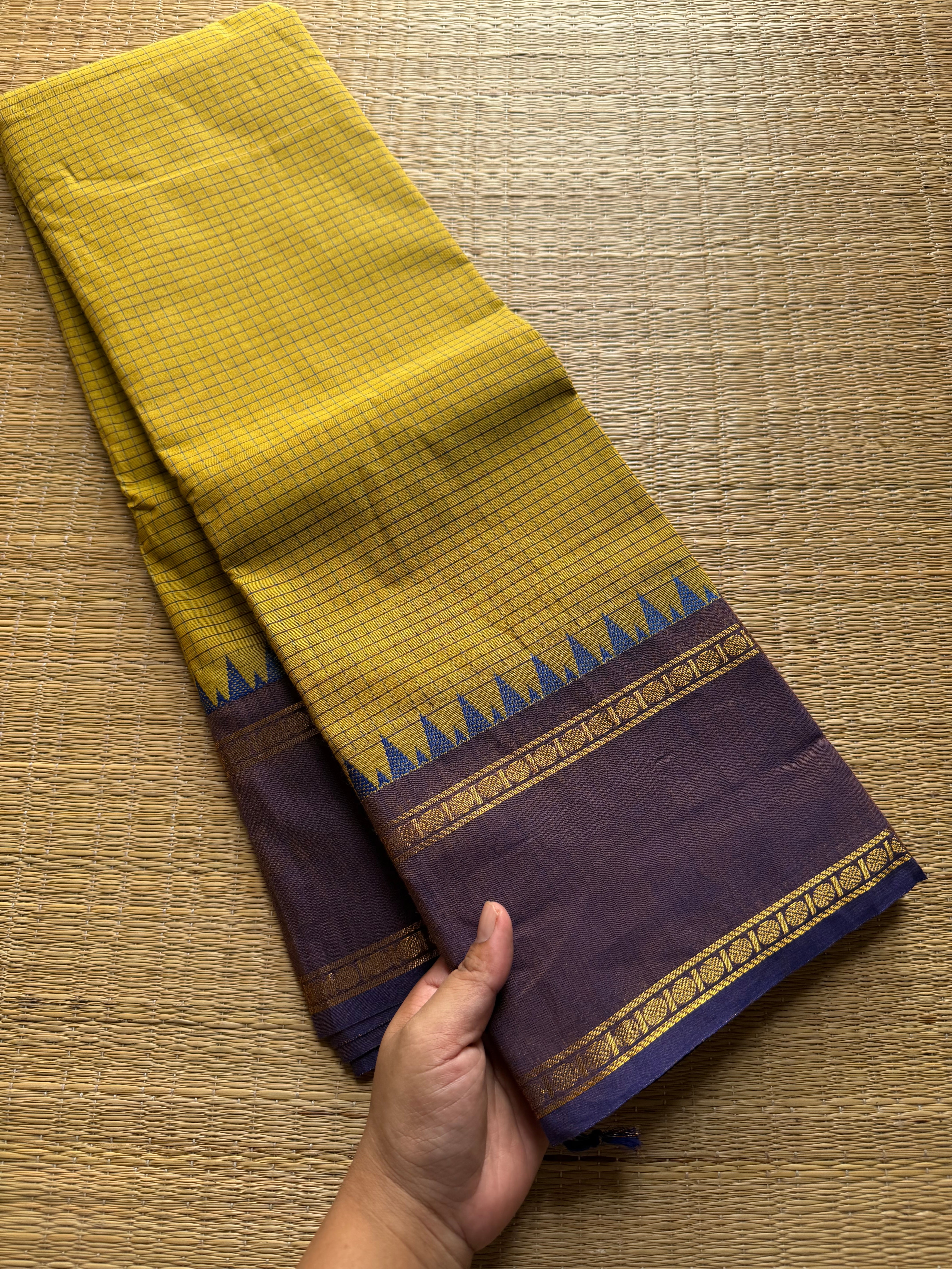 RF491 Mustard yellow with light lavender combination vintage style gap border & Podikattam / small checks Kanchi cotton saree