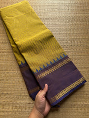 RF491 Mustard yellow with light lavender combination vintage style gap border & Podikattam / small checks Kanchi cotton saree