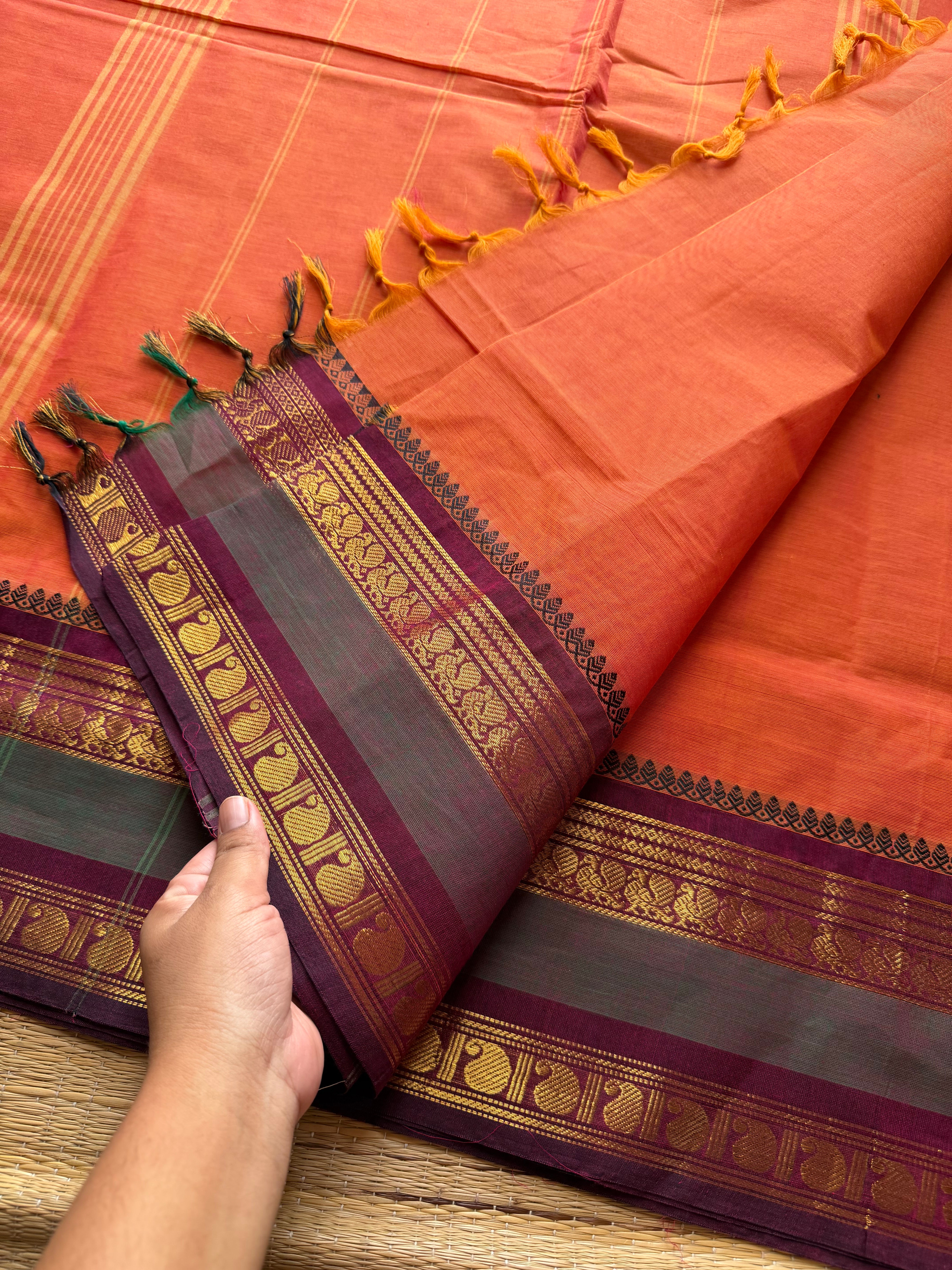 RF218 Orange shade Kanchi cotton saree with Annam & Mango Rettapet border