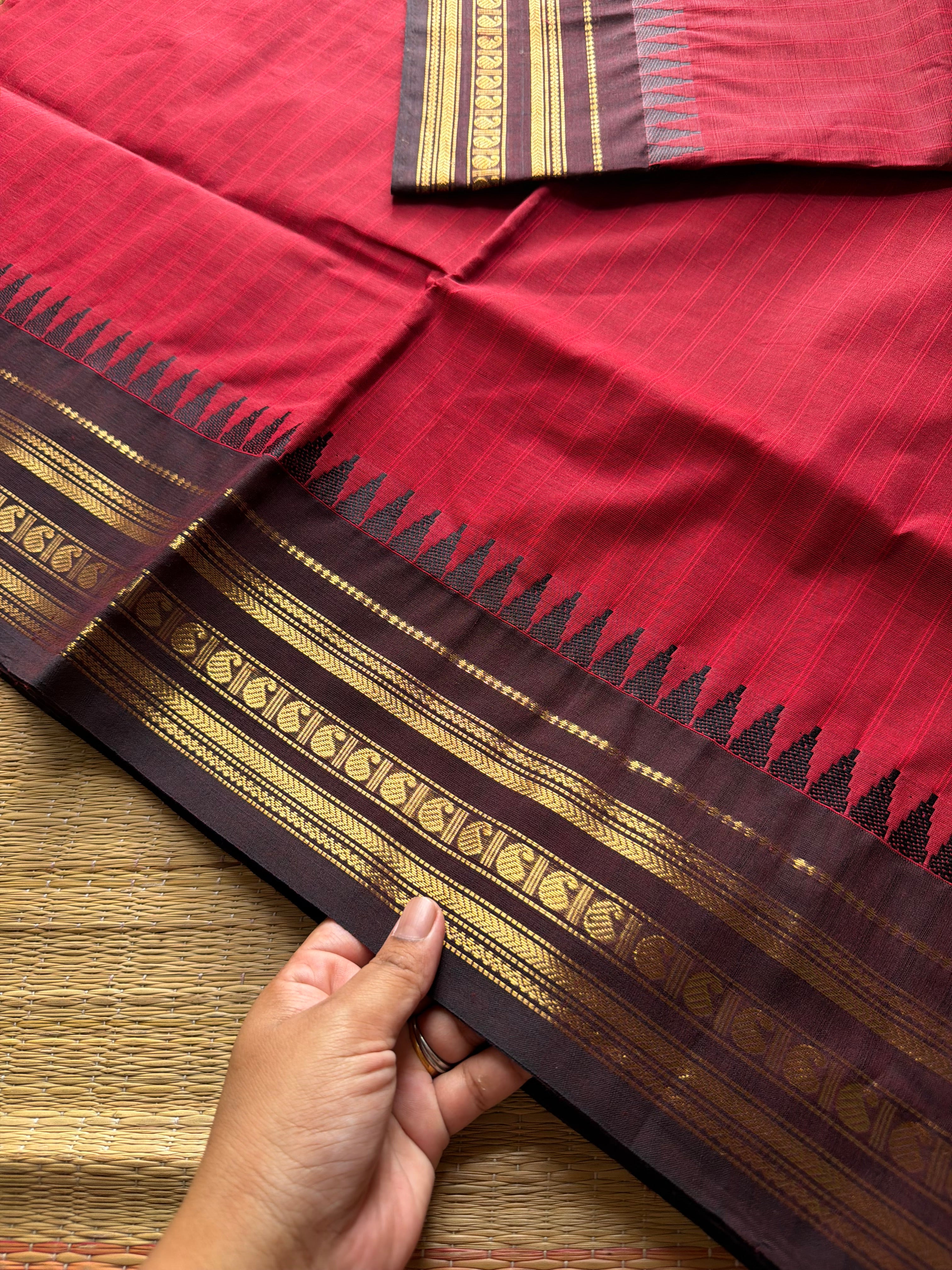 RF898 Kanchi cotton saree with vertical striped lines pattern ~ Reddish maroon with brown